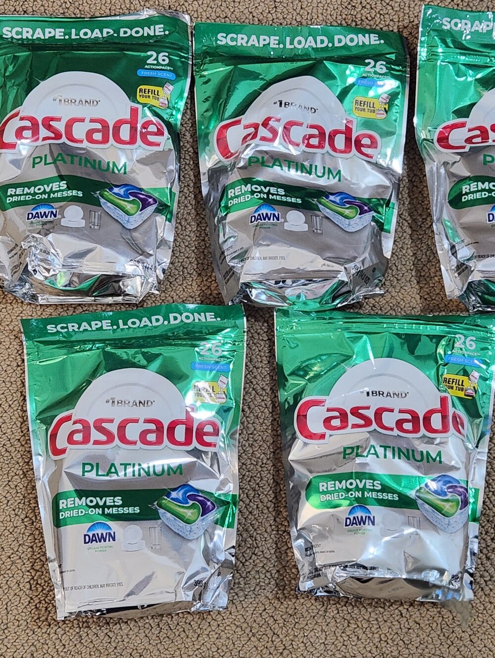 New Packages of Cascade Platinum Dishwasher Detergent Pacs 5 Packs of 26 Count